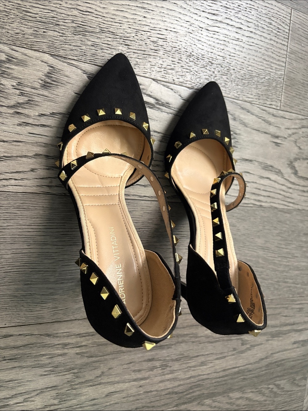 Adrienne Vittadini Black Pointed-Toe Flats with Gold Studs